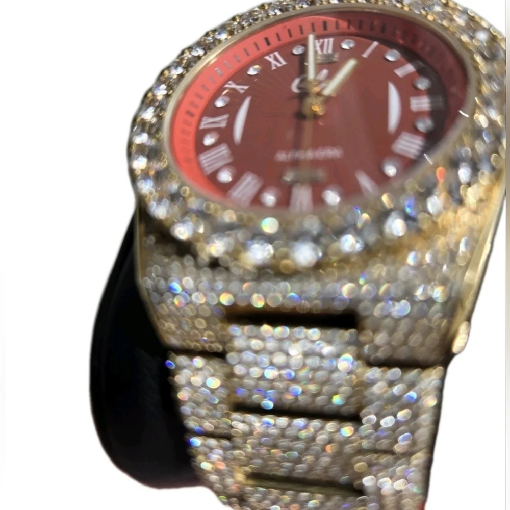 GLD Gold Iced Out 42MM Fully Iced Alpha Era® w/Diamond Prong Link Band /Red Face - Picture 3 of 12